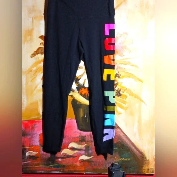 PINK Victoria's Secret Black Leggings with Rainbow Lettering - Picture 1 of 8